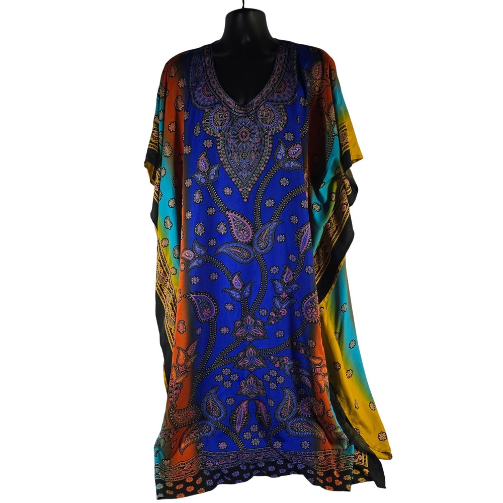 Sante Classics Womens‎ One Size Kaftan Dress Maxi Bright Paisley Print V Neck